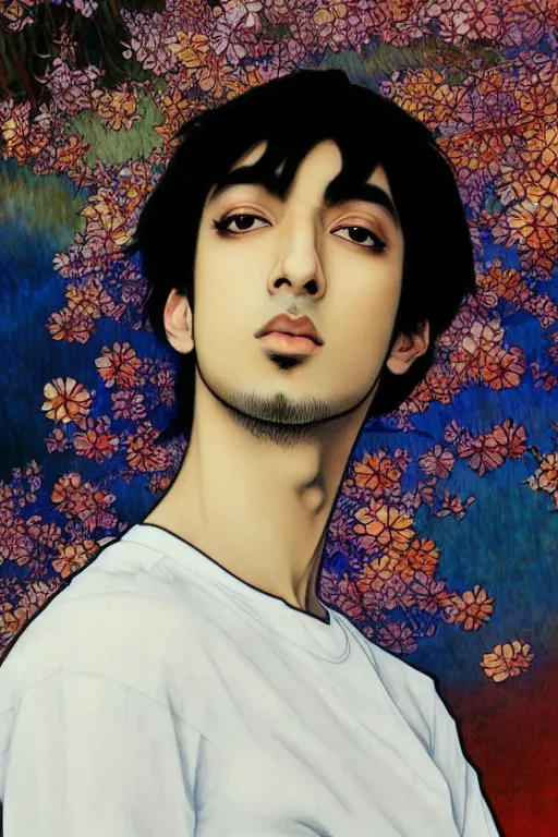 Image similar to beautiful medium shot manga portrait of mahmood inspired by ayami kojima with short hair dressed with a white t - shirt, white background white bank studio light, art by yoshitaka amano, alfons mucha, hiroaki samura, jiro matsumoto and yusuke murata, sharp focus, high quality, 8 k