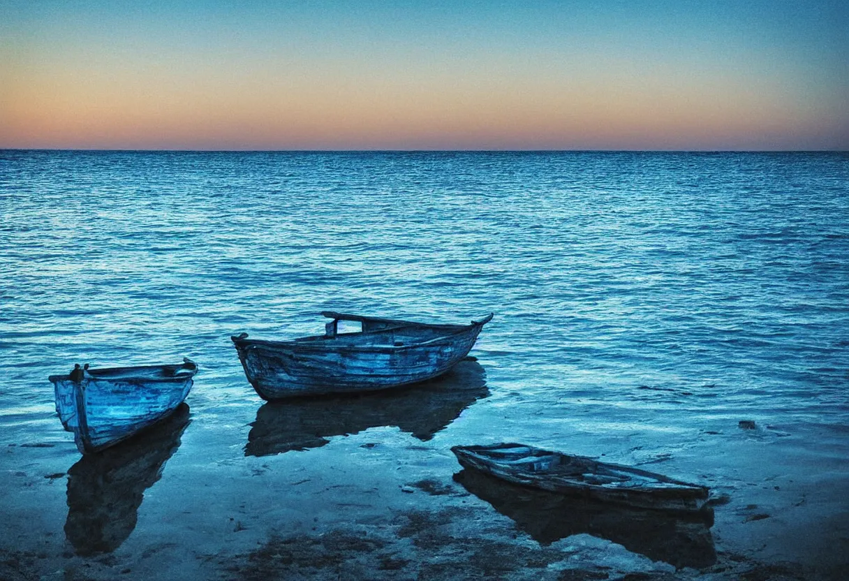 Prompt: “lonely boat in a calmed sea at dawn Milky Way dart blue tones clear water cinematic detail hdr”