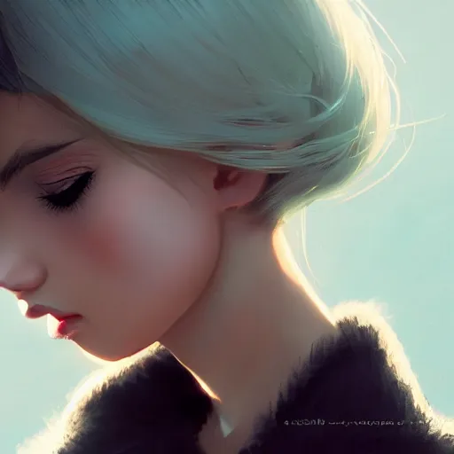 Image similar to very cool girl blonde hair black back, mint higlights, strong eyelashes, cute nose and lips makeup, nose piercing, detailed portrait, intricate complexity, by greg rutkowski, artgerm, ross tran, conrad roset, takato yomamoto, ilya kuvshinov. 4 k, beautiful, cinematic dramatic atmosphere