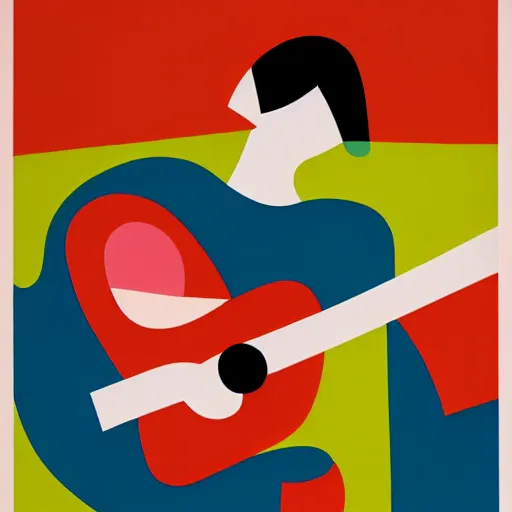 Image similar to portrait of a person playing guitar, abstract painting in the style of Sophie Taeuber-Arp and Gary Hume and Tatsuro Kiuchi, flat colour-block style, geometric abstraction, dark colours