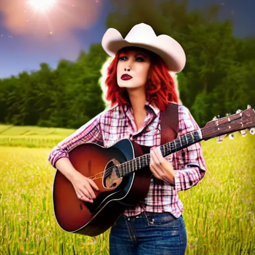 Image similar to a female fluffy anthropomorphic fox animal, wearing cowboy hat, wearing plaid shirt, playing guitar, in a field, barn in background, album cover style