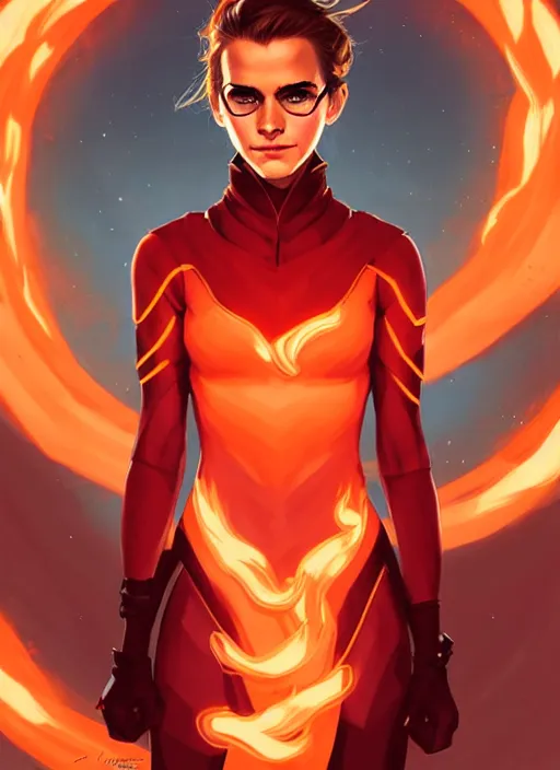 Prompt: style artgerm, joshua middleton, illustration, emma watson wearing glasses as dnd echo knight, strong, muscular, muscles, orange hair, swirling red flames cosmos, fantasy, dnd, cinematic lighting, collectible card art