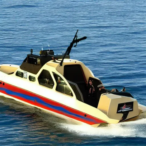 Prompt: speedboat with a M134 Minigun mounted on top of it