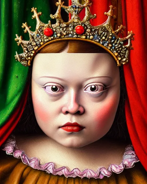 Prompt: closeup medieval jan van eyck face portrait of tin toy greta thunberg as a fairytale princess wearing a crown eating cakes in the castle, bikini, hyper realistic, artstation, illustration, nicoletta ceccoli, mark ryden, lostfish, max fleischer, digital paint, matte paint, vivid colors, bright, cheerful, detailed and intricate environment