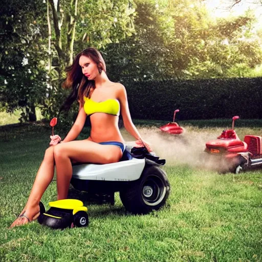 Image similar to a beautiful model in a bikini riding a lawnmower and eating a hamburger