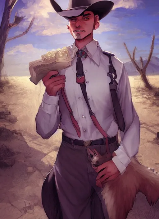 Prompt: beautiful portrait commission of a male furry anthro timber wolf old-timey Sherriff wearing white dress shirt with suspenders in an old-timey desert town. Atmospheric. Character design by charlie bowater, ross tran, artgerm, and makoto shinkai, detailed, inked, western comic book art