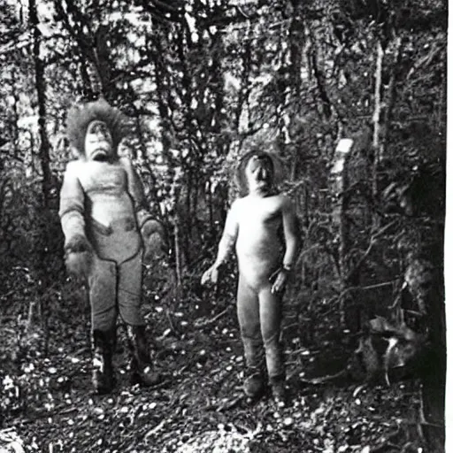 Prompt: : stereopticon photo of aliens and big foot in the woods