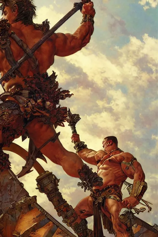 Image similar to muscular male barbarian stabbing the sky, intricate details, large sword, by Stanley Artgerm Lau, by greg rutkowski, by thomas kindkade, by alphonse mucha, loish, by norman rockwell J.