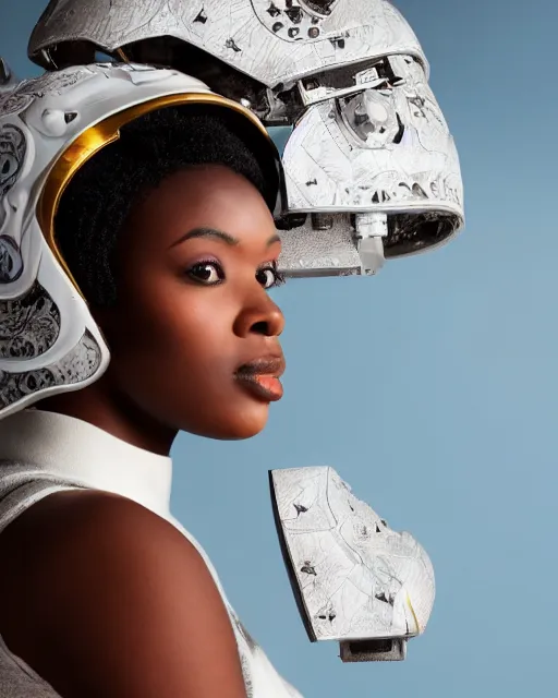 Image similar to centered medium shot fine studio photograph of a beautiful black woman wearing only a white solarpunk mecha Nigerian helmet with bright lights, ultra-realistic, white background, 8k HDR sunset lit, intricate