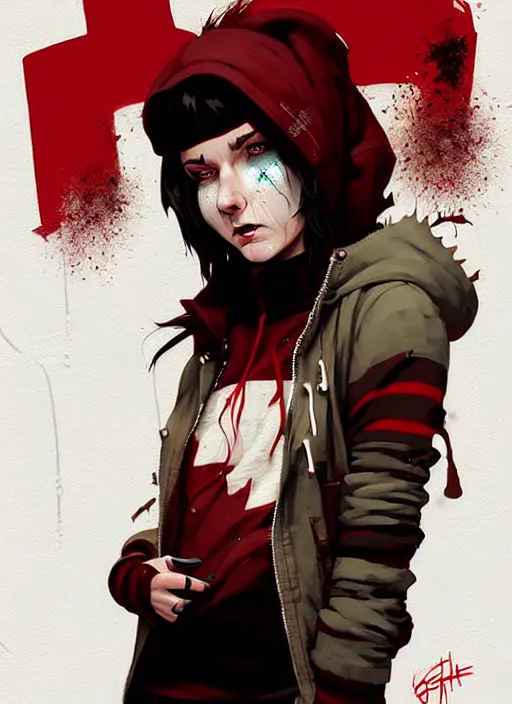 Image similar to highly detailed portrait of a sewer punk canadian lady, tartan hoody, white hair by atey ghailan, by greg rutkowski, by greg tocchini, by james gilleard, by joe fenton, by kaethe butcher, gradient red, brown, blonde cream and white color scheme, grunge aesthetic!!! ( ( graffiti tag wall background ) )