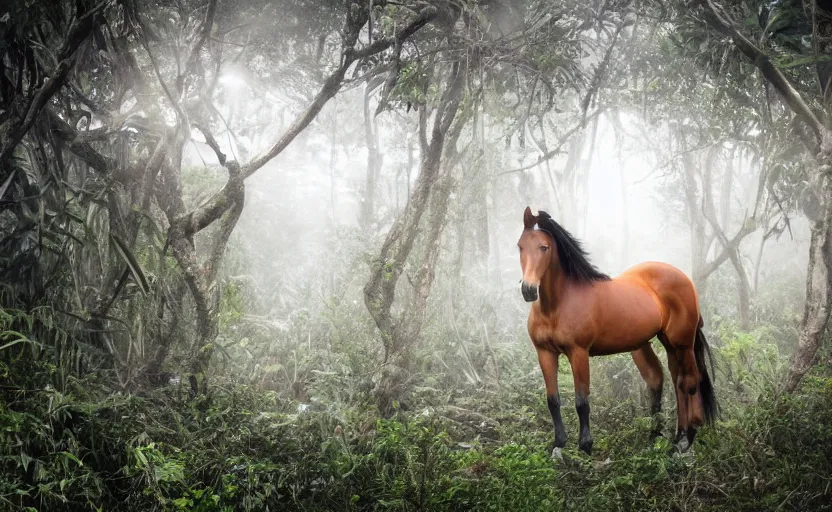 Prompt: a horse, in the jungle, photography