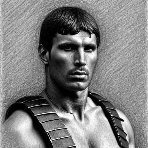 Image similar to portrait of roman legionary, tom finland, bouguereau, pencil drawing