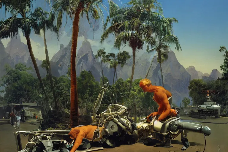 Image similar to natural american landscape | robot repairing another robot | palm trees | snowy mountains, painting by syd mead and weta studio and james jean, frank frazetta, highly detailed, rule of third, soft lighting, 8 k resolution, oil on canvas, architectural magazine, beautiful detailed, insanely intricate details, artstation trending, hypermaximalistic, high details, cinematic