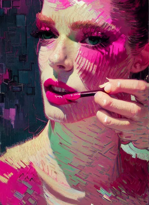 Prompt: portrait of a beautiful girl, putting on lipstick in mirror, shades of pink, beautiful face, rule of thirds, intricate outfit, spotlight, by greg rutkowski, by jeremy mann, by francoise nielly, by van gogh, digital painting