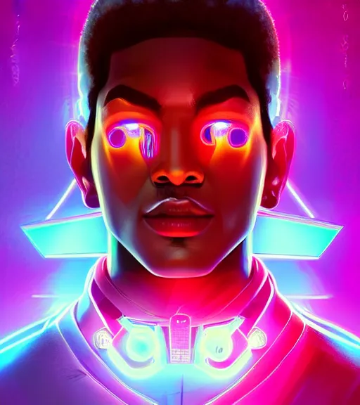 Image similar to symmetry!! egyptian prince of technology, solid cube of light, hard edges, product render retro - futuristic poster scifi, lasers and neon circuits, brown skin man egyptian prince, intricate, elegant, highly detailed, digital painting, artstation, concept art, smooth, sharp focus, illustration, dreamlike, art by artgerm