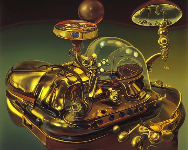 Image similar to strange seductive futuristic robot body, enticing colorful oil painting dutch golden age vanitas still life sparse composition with bulbous objects strange gooey transparent surfaces shiny metal reflections bizarre mutant meat insects rachel ruysch dali todd schorr very detailed perfect composition rule of thirds masterpiece canon 5 0 mm, cinematic lighting, photography, retro, film, kodachrome
