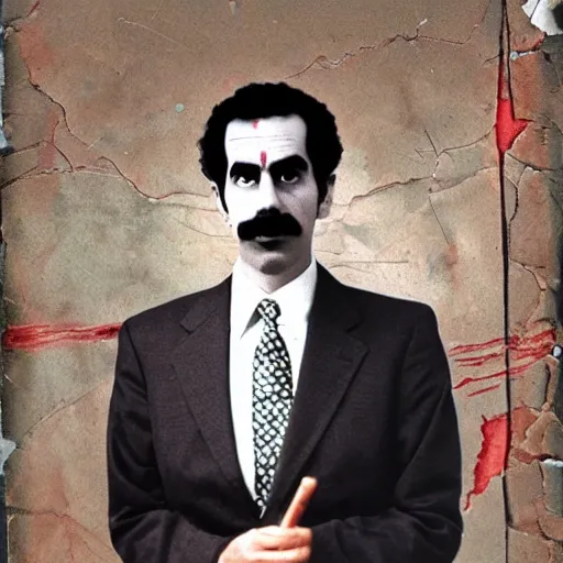 Image similar to borat running for president, vintage photograph, full image, realistic, damaged photograph