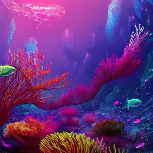 Image similar to underwater forest made of jellyfish beautiful composition, wide angle, colorful, cinematic, volumetric lighting, intricate details painting