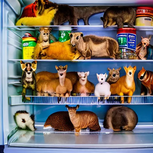 Prompt: a shelf in a refrigerator filled with miniature wild animals, hyper realistic, depth of field