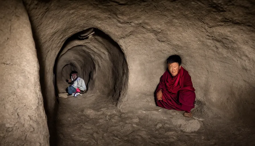 Prompt: a tibetan man in a flesh barque in a tiny tunnel, leica sl 2