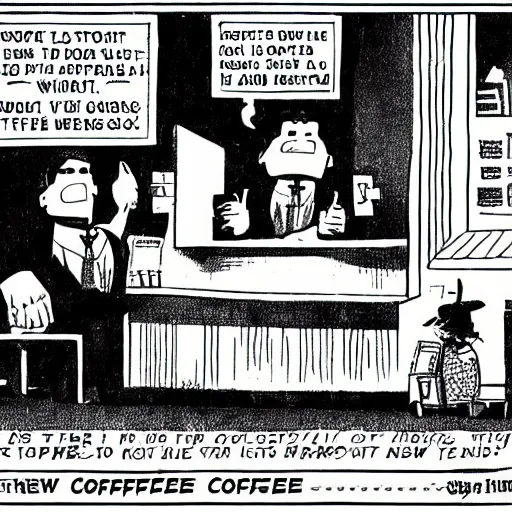 Image similar to new york times comic strip, disgruntled man at work holding up a coffee mug