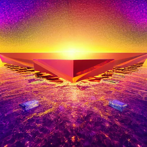 Image similar to vivid dream of recursive bliss, quartz, water, gold, ruby, sapphire, quicksilver, vaporwave, realistic, HDR, render