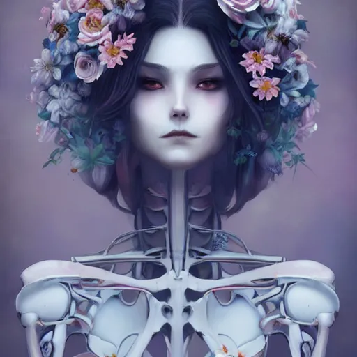 Image similar to Stunning Anime robotic Goddess part skeleton of the floral river flowers, misty, by cgsociety, in the style of Charlie Bowater, Tom Bagshaw, intricate, beautiful, artstation 8k, high resolution