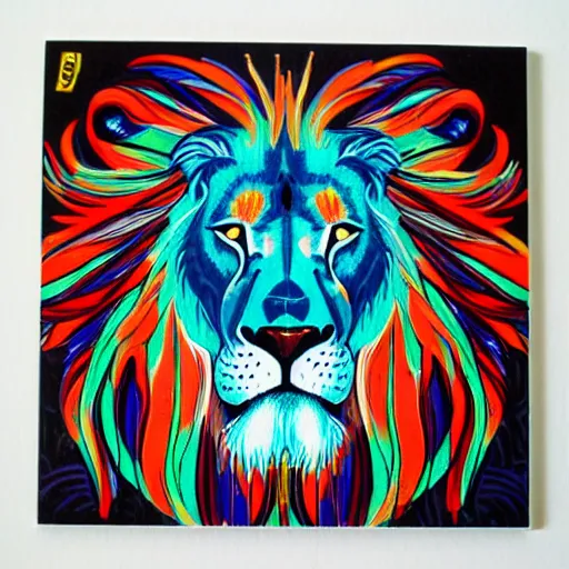 Image similar to “painted lion, dotart, album art in the style of James Jean”