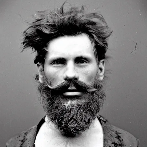 Image similar to A photograph portrait of Jerma985 with crazy hair and a pyramidal mustache in the late 1800s, taken in the late 1800s, 1870s, grainy, taken on a Field View Camera, realistic, hyperrealistic, very realistic, highly detailed, very detailed, extremely detailed, detailed, digital art, trending on artstation