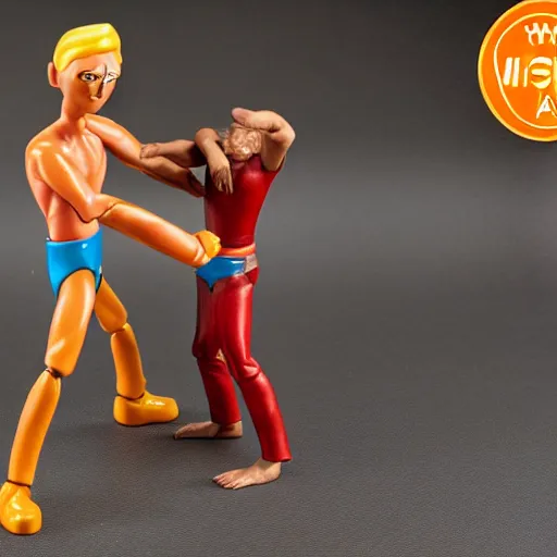 Prompt: toy called Stretch Armstrong fighting an Indian man, life size, fighting a small Indian man, golden hour, award winning,