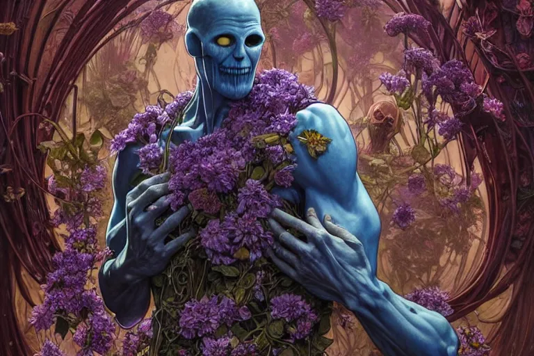 Image similar to the platonic ideal of flowers, rotting, insects and praying of cletus kasady ultimate carnage thanos dementor doctor manhattan chtulu nazgul davinci, detailed, intricate, hyperrealism, intense, scary, decay, dmt, art by brock hofer and artgerm and greg rutkowski and alphonse mucha