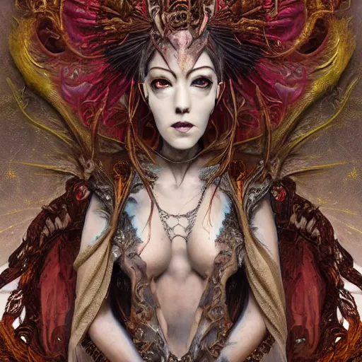 Image similar to a beautiful detailed 3d matte painting of female empress of the dead, by ellen jewett, tomasz alen kopera and Justin Gerard, symmetrical features, ominous, magical realism, texture, intricate, ornate, royally decorated, skull, skeleton, whirling smoke, embers, red adornements, red torn fabric, radiant colors, fantasy, trending on artstation, volumetric lighting, micro details, 3d sculpture, ray tracing, 8k