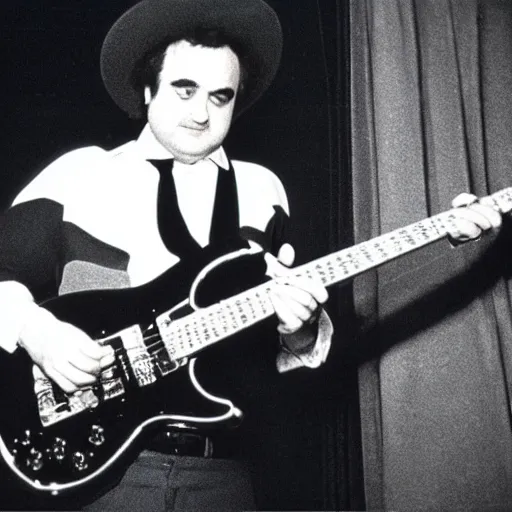 Prompt: john belushi wearing a black suit and black necktie and black fedora hat playing electric guitar in a darkened nightclub, 3 5 mm film still from 1 9 8 1, grainy.