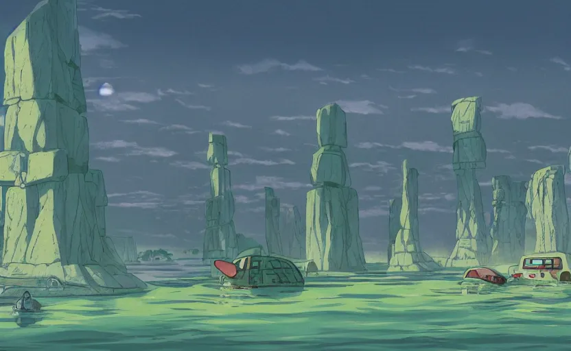 Prompt: a cell - shaded studio ghibli concept art from paprika ( 2 0 0 6 ) of a multi - colored spaceship from close encounters of the third kind ( 1 9 7 7 ) in a flooded monument valley temple stonehenge jungle. a caravan is in the foreground. very dull colors, portal, hd, 4 k, hq