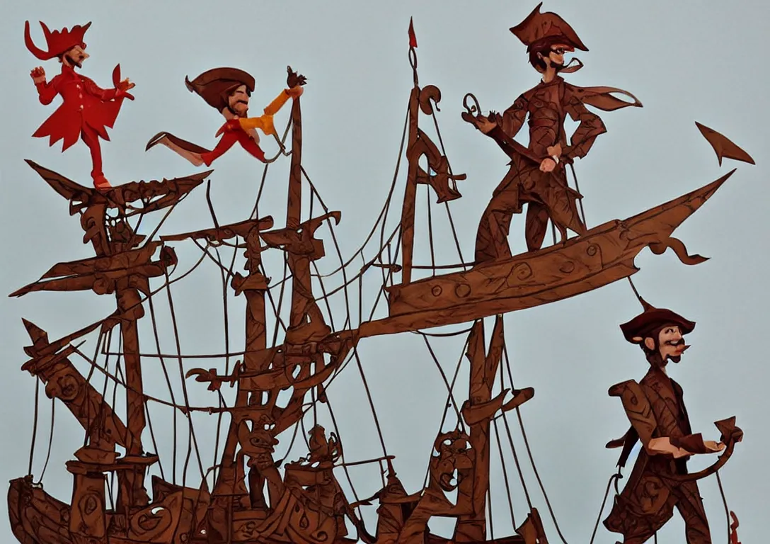 Image similar to a stylized cut paper sculpture of peter pan and captain hook on a pirate ship