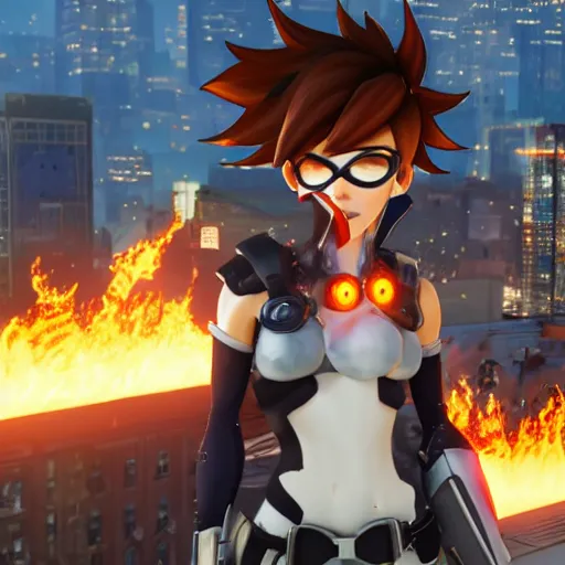 Image similar to tracer, standing on rooftop, wearing spiked choker, 4 k, detailed, smiling at camera, detailed eyes, confident stance, detailed face, feminine face, burning exploding city in background