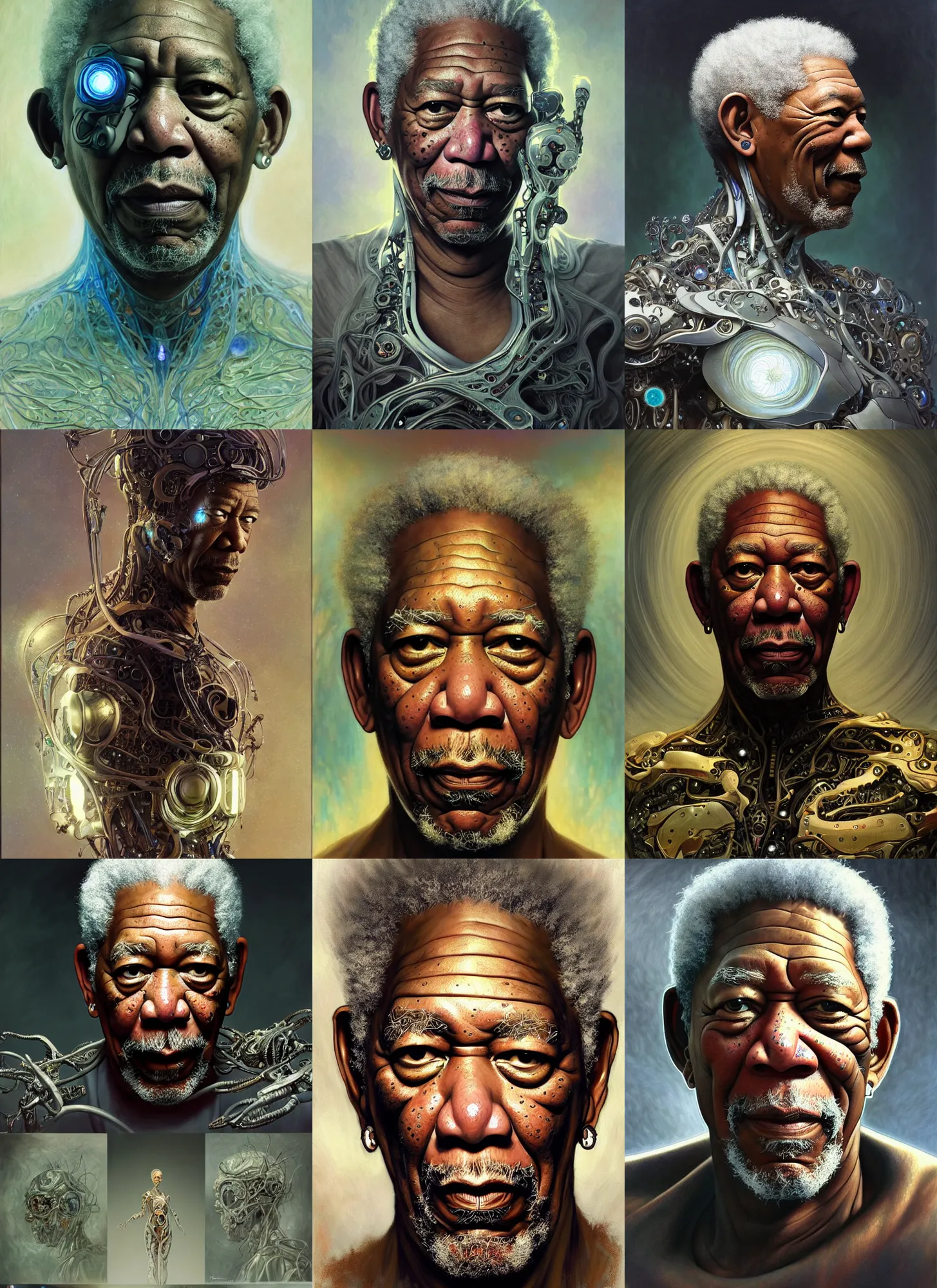 Prompt: morgan freeman as a organic cyborg, diffuse lighting, fantasy, intricate, elegant, highly detailed, lifelike, photorealistic, digital painting, artstation, illustration, concept art, smooth, sharp focus, art by john collier and albert aublet and krenz cushart and artem demura and alphonse mucha