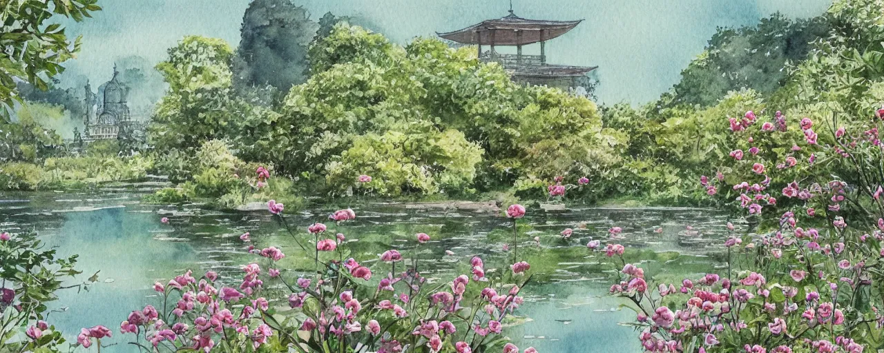 Image similar to isomeric view, delicate lake in a botanic garden, garden road, sparrows, temple in a botanical herbarium paper, watercolor colored painting, iridescent colors, 8 k, realistic shaded, fine details, artstation, italian style, colonnade, flowers, huge architecture