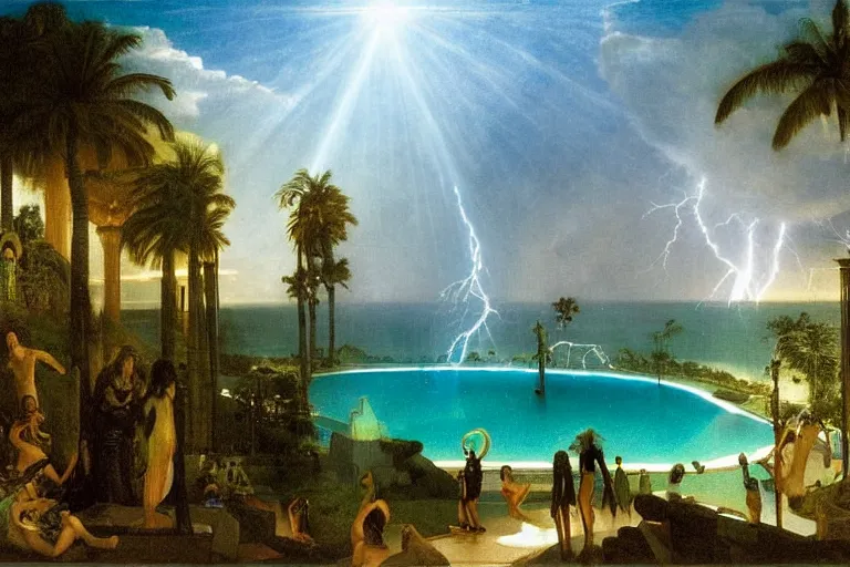 Image similar to The chalice of the occult, refracted sparkles, thunderstorm, greek pool, beach and Tropical vegetation on the background major arcana sky and occult symbols, by paul delaroche, hyperrealistic 4k uhd, award-winning, very detailed paradise