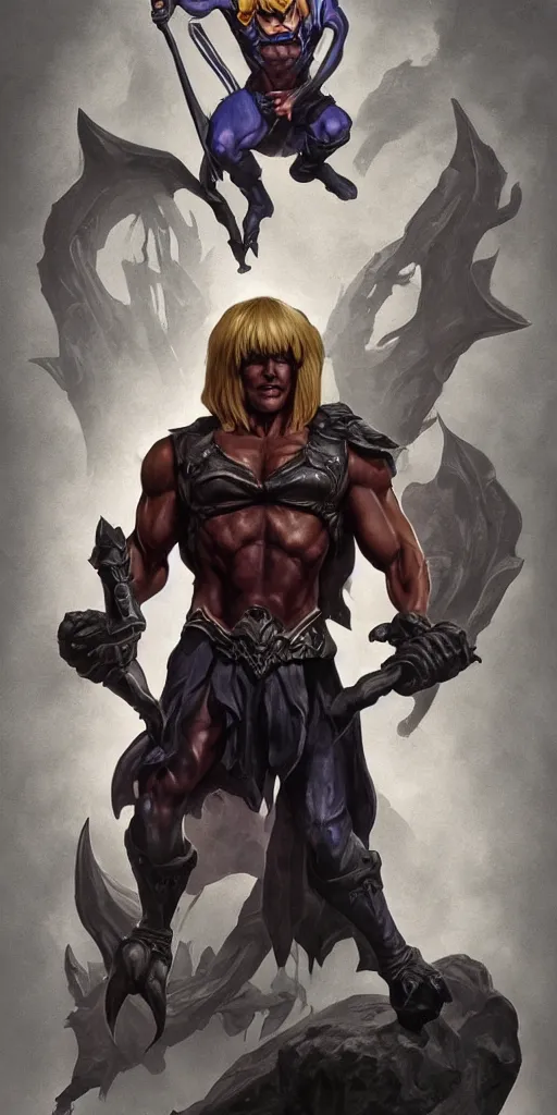Prompt: one full body centered character pose of He-Man with a dark manner; He-Man looks like a dark, mysterious, shadowy, eerie, ominous character; atmospheric, cinematic, Epic, 4k, ultra-detailed, ultra-realistic, colored ZBrush render, art by artgerm and Greg Rutkowski and Alphonse Mucha