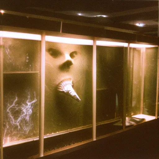 Image similar to spooky creepy liminal space, display case, aquatic exhibition science museum, dried aquarium, bright computer screens, backroom stairs leading down under water, photo taken on 1 9 8 0 s fujifilm superia