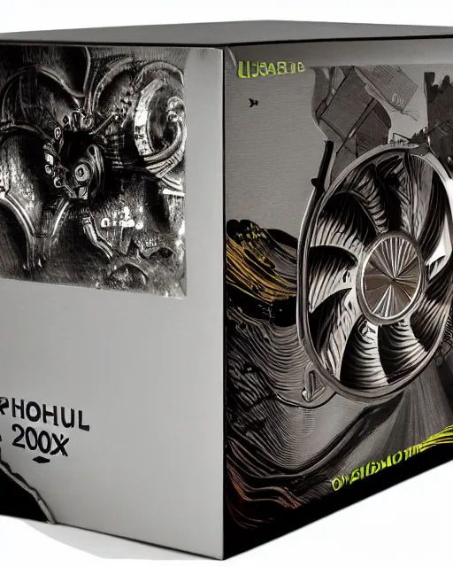 Image similar to Photorealistic image of a GPU box from 2007 with nonsensical art on the box