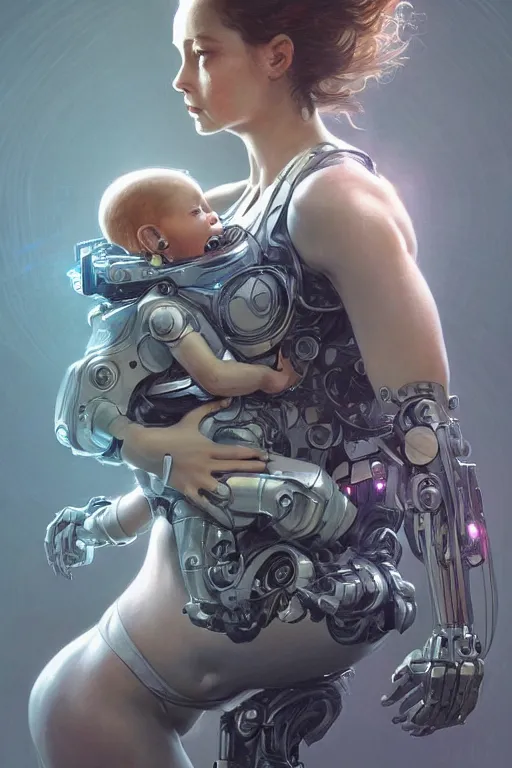 Image similar to ultra realistic illustration, robot woman carrying a baby + face, cyberpunk, sci - fi, fantasy, intricate, elegant, highly detailed, digital painting, artstation, concept art, smooth, sharp focus, illustration, art by artgerm and greg rutkowski and alphonse mucha