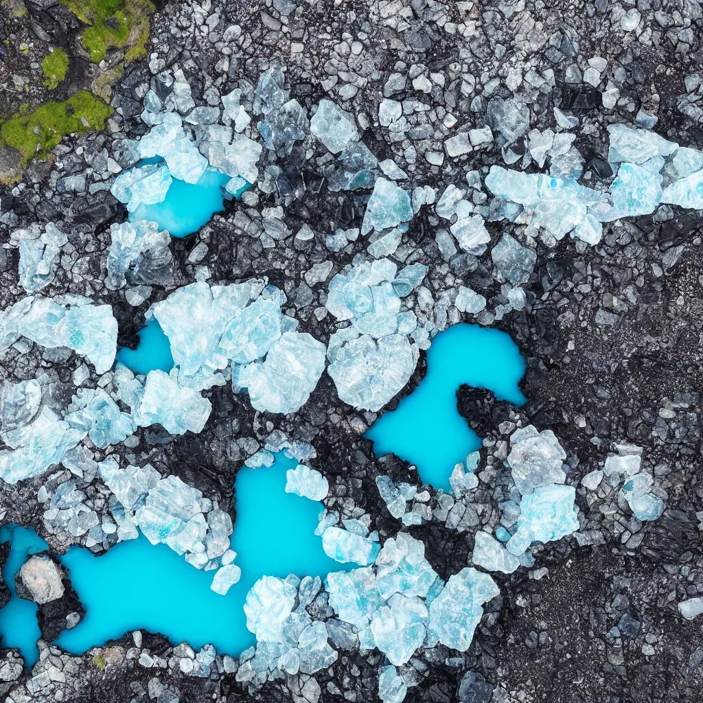 Image similar to bright blue pools of water surrounded by large facetted slabs of obsidian, patches of green moss, icy glaciers, Iceland, birds eye view