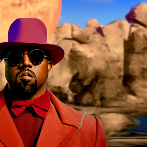 Image similar to Kanye West as willy wonka in fallout new vegas, splash art, movie still, cinematic lighting, dramatic, octane render, long lens, shallow depth of field, bokeh, anamorphic lens flare, 8k, hyper detailed, 35mm film grain