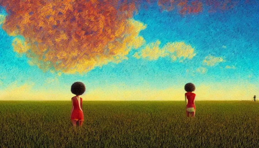 Image similar to red carnation afro head, full body, girl watching sunset, empty wheat field, surreal photography, colorful clouds, tree, impressionist painting, colorful clouds, digital painting, pointillism, artstation, simon stalenhag