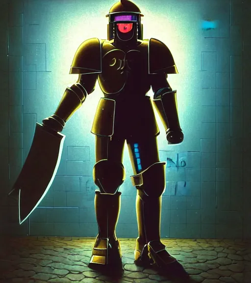 Image similar to a large cyberpunk paladin in rounded heavy plate armor with large shoulder pads and a spartan helmet wearing a crusaders helmet he is holding a large axe in a cyberpunk setting, 1 9 7 9 omni magazine cover, style by vincent di fate, artgerm, cyberpunk 2 0 7 7, very coherent, detailed, 4 k resolution, unreal engine, daz