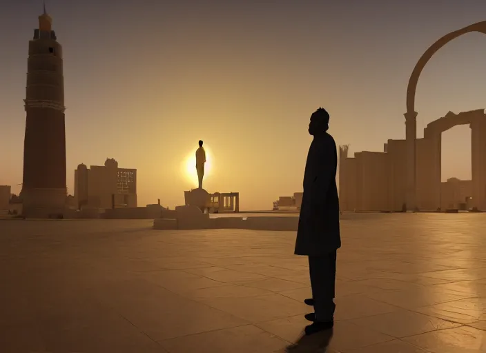 Prompt: jeddah city epic golden hour, magical time gate to another dimension, a man wearing a white robe standing watching over, dramatic lighting, dawn, by caspar david friedrich, unreal engine 5