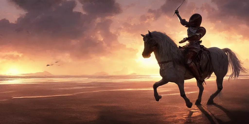 Prompt: a knight riding a horse running on a beach at sunset by greg rutkowski, hyperrealistic, concept art, octane render, unreal engine 5, trending on artstation, high quality, highly detailed, 8 k, dramatic lighting, path traced, anatomically correct, digital art, epic image, cinematic, high coherence, godrays, complementary colors, natural lighting