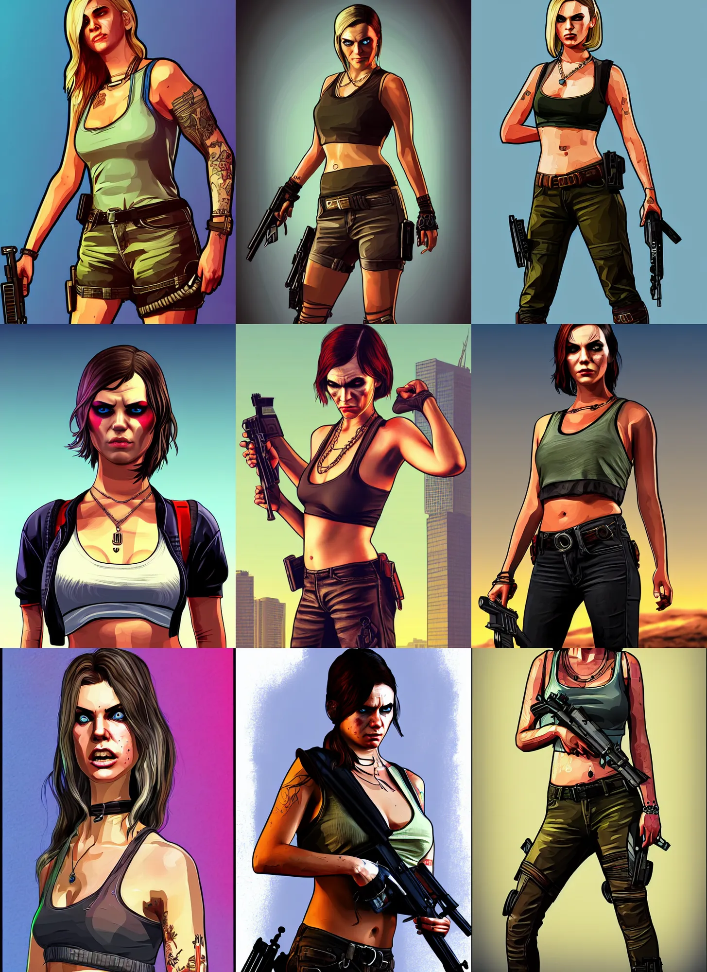 Prompt: gta 5, full body concept, mad max female with beautiful face and eyes, digital illustration in the style of a gta artwork, gta v cover